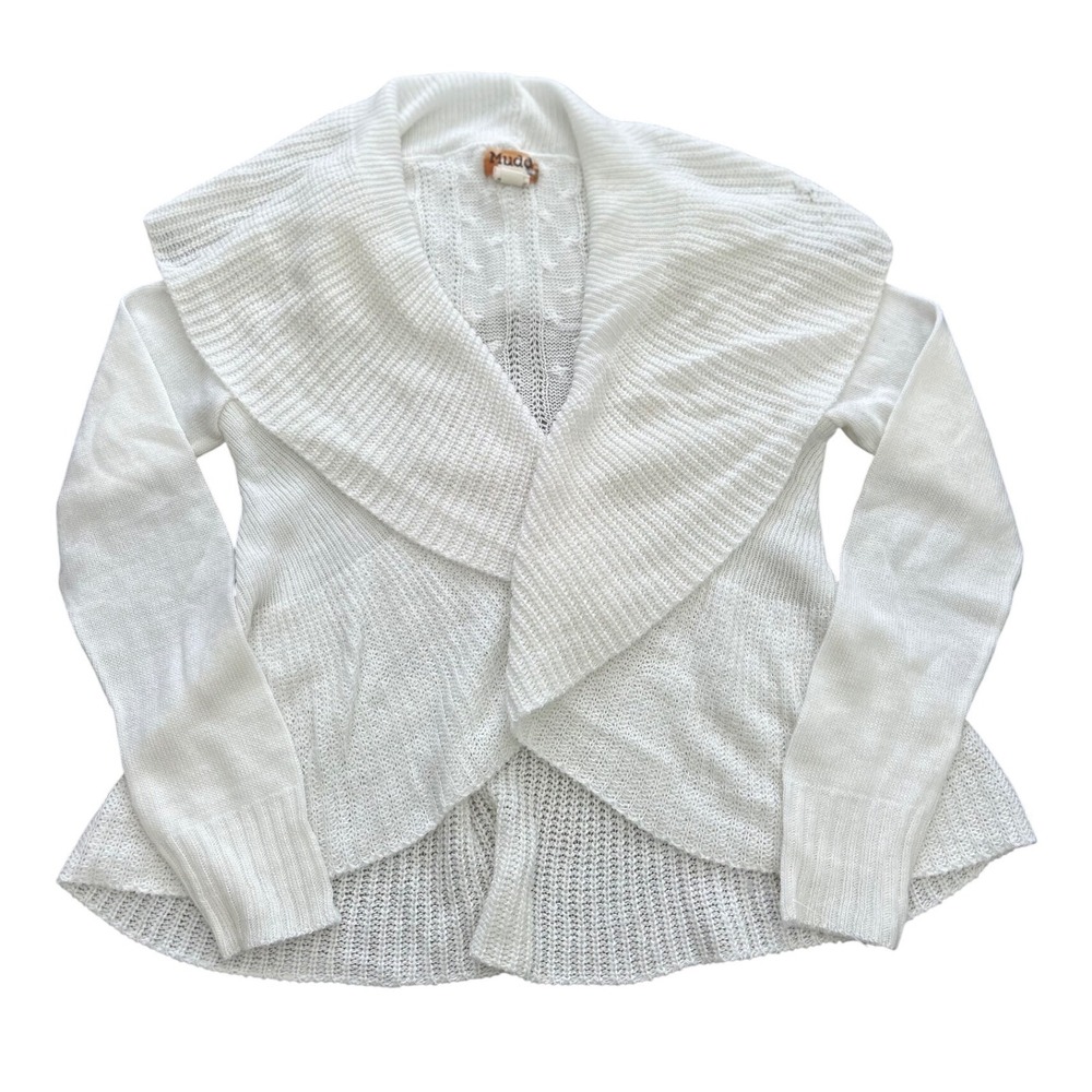 Mudd White Pointelle Knit Shawl Collar Open Front Cardigan Size M 23490K